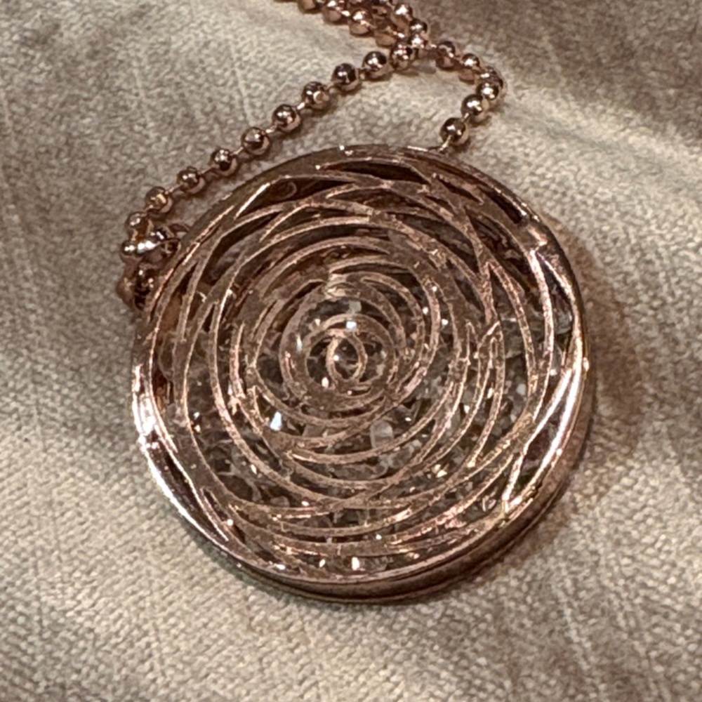 Rose Gold Swirl Pendant Necklace With Crystals inside of Pendant Ball Chain